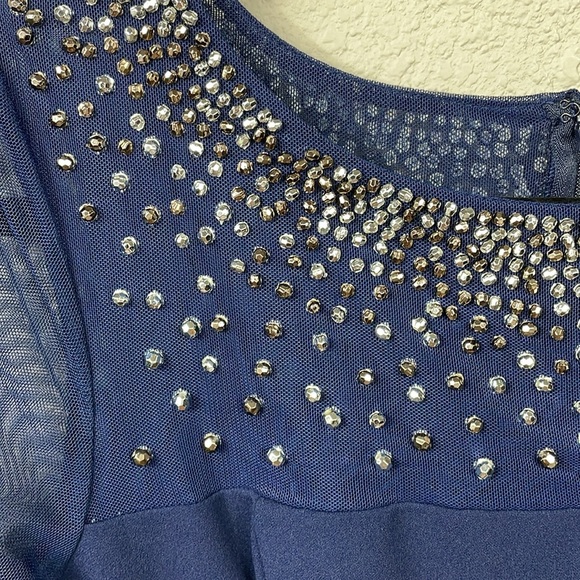 New Alex Evenings Beaded Neckline Sheath Dress Illusion Sleeves Blue Sz 6 - Picture 4 of 12